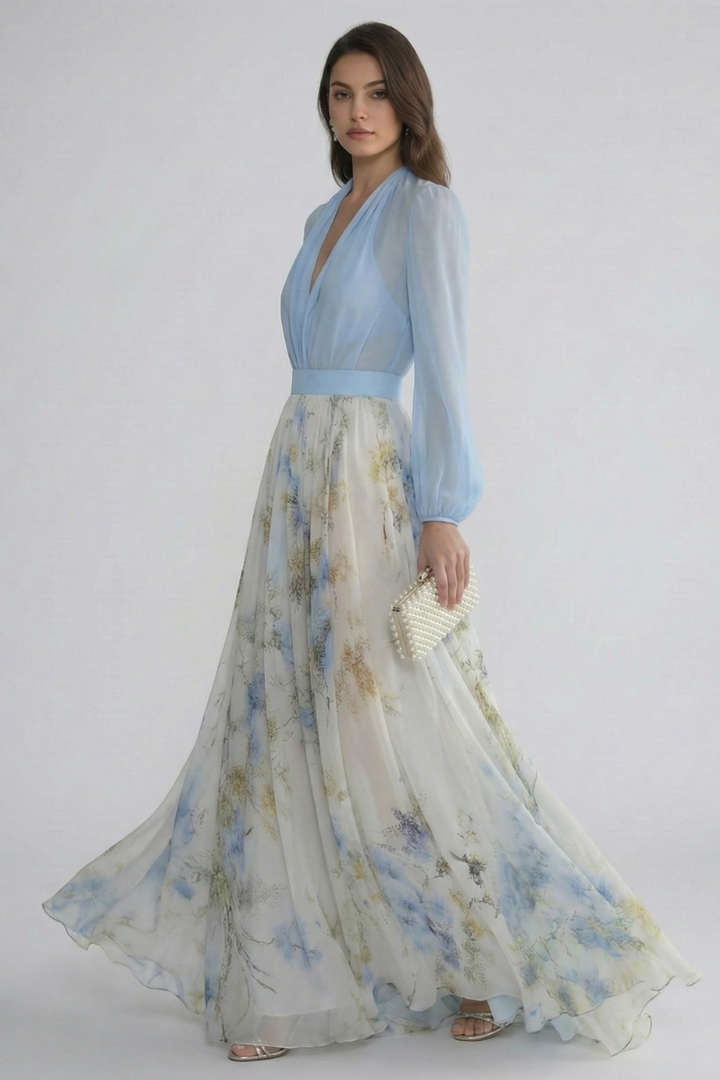Arabella — Sheer-Sleeve Floral Maxi Dress