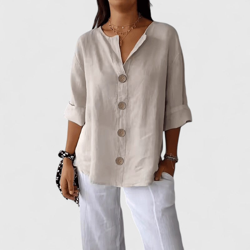 Adeline — Cotton-Linen V-Neck Button Blouse