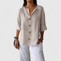 Adeline — Cotton-Linen V-Neck Button Blouse