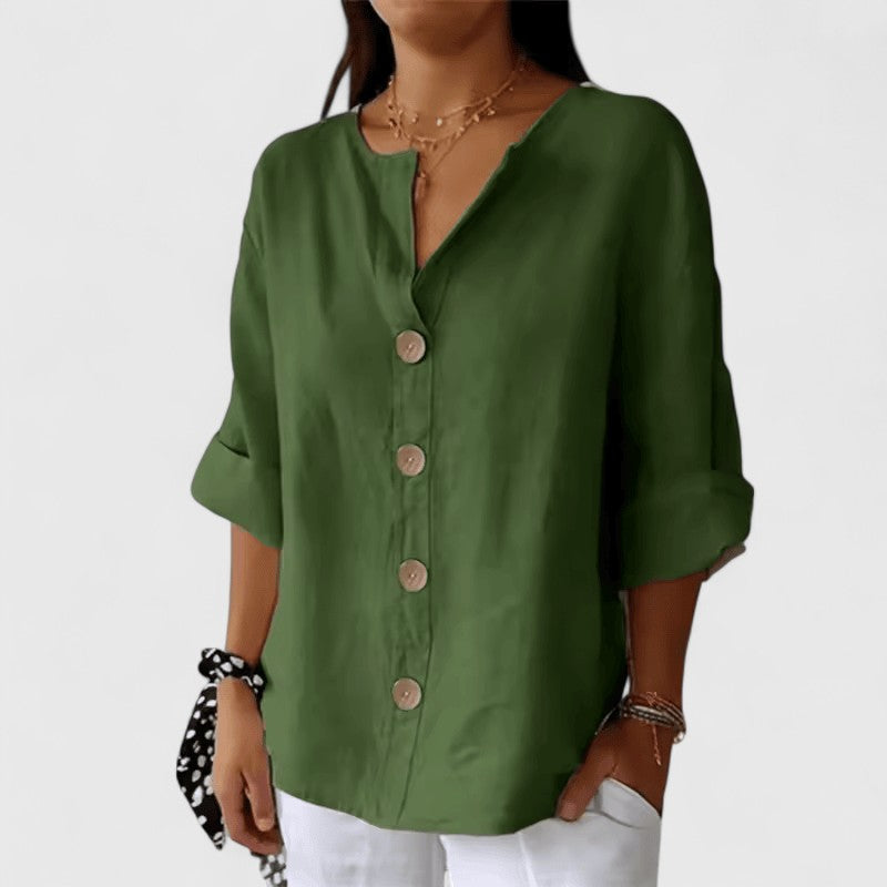 Adeline — Cotton-Linen V-Neck Button Blouse