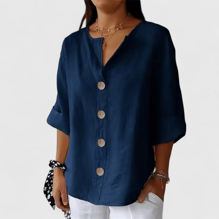 Adeline — Cotton-Linen V-Neck Button Blouse