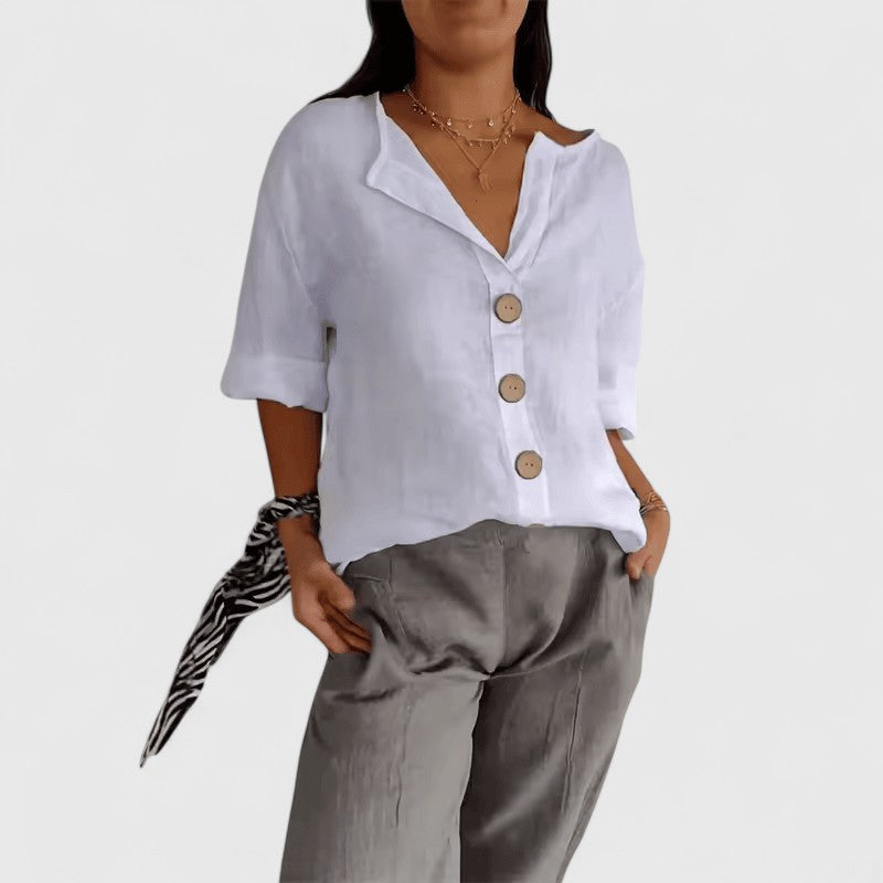 Adeline — Cotton-Linen V-Neck Button Blouse