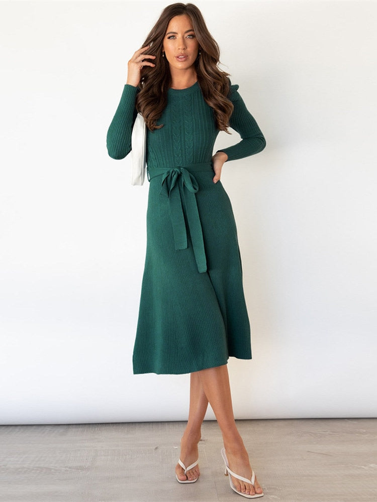 Johanna — Belted Knit Midi Dress