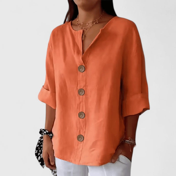 Adeline — Cotton-Linen V-Neck Button Blouse