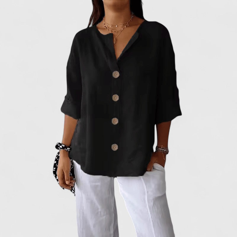 Adeline — Cotton-Linen V-Neck Button Blouse