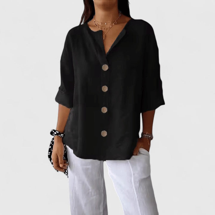 Adeline — Cotton-Linen V-Neck Button Blouse