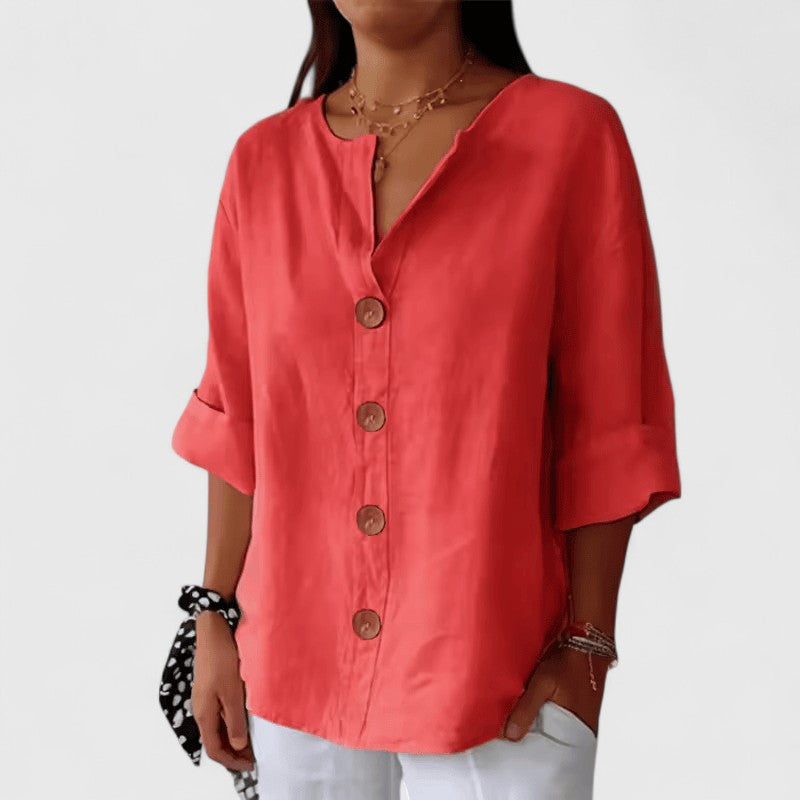 Adeline — Cotton-Linen V-Neck Button Blouse