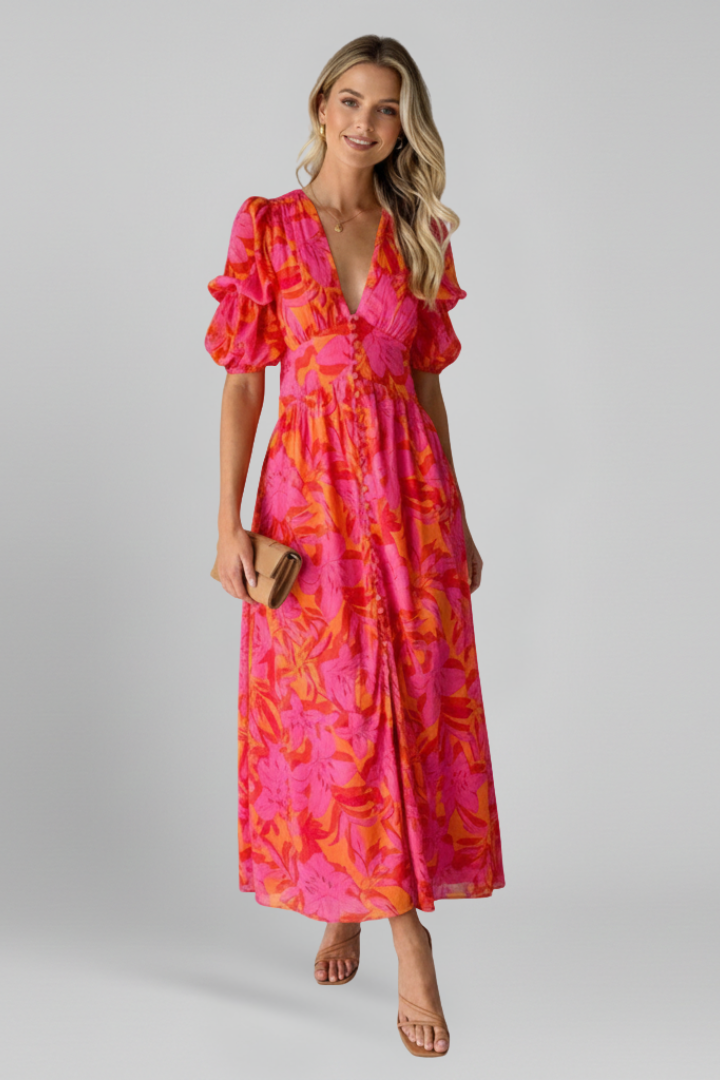 Delphinia — Puff-Sleeve V-Neck Dress