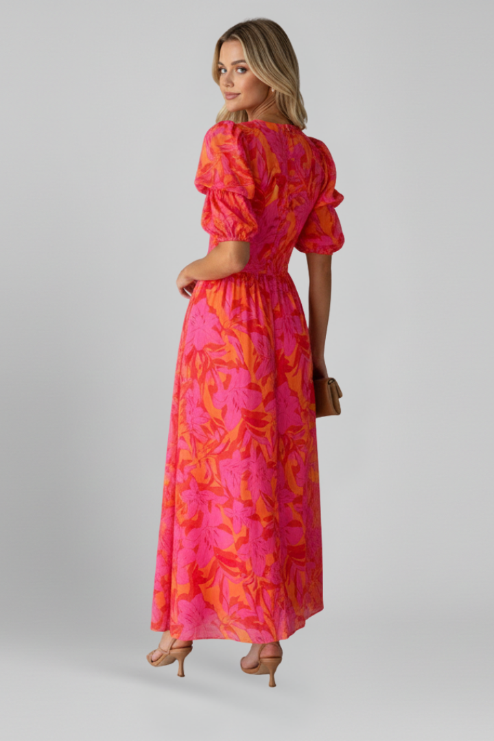 Delphinia — Puff-Sleeve V-Neck Dress