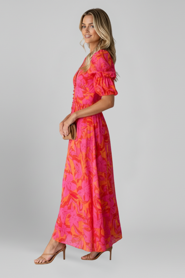 Delphinia — Puff-Sleeve V-Neck Dress