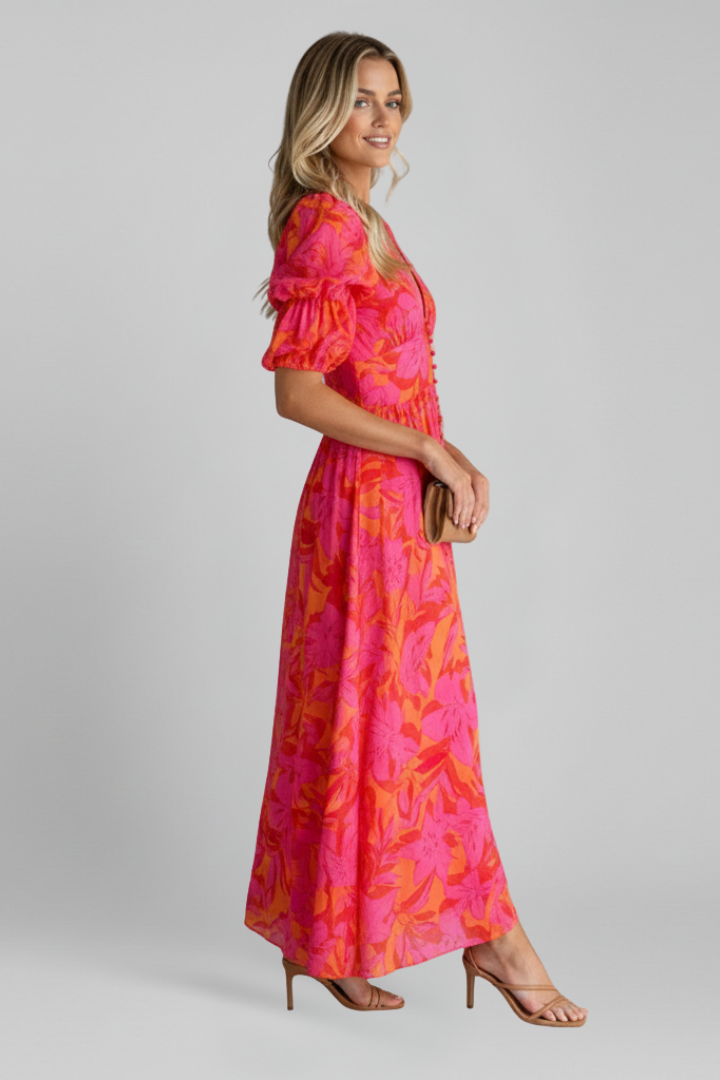 Delphinia — Puff-Sleeve V-Neck Dress