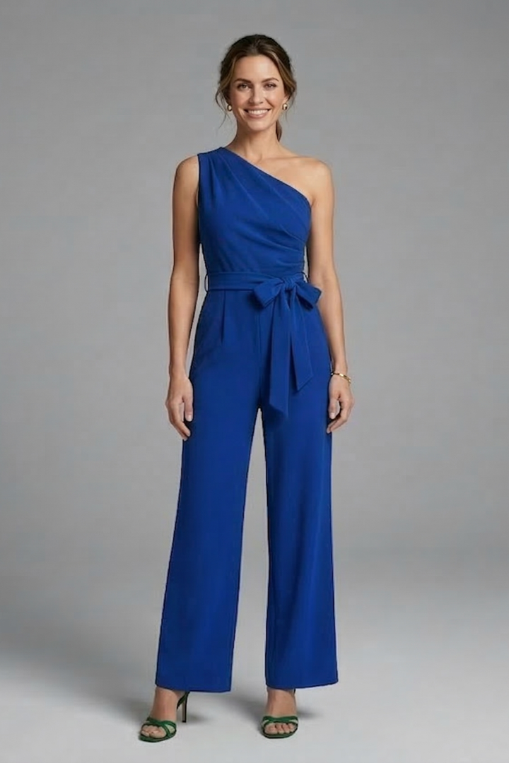 Euphemia — Asymmetric-Neck Belted Jumpsuit