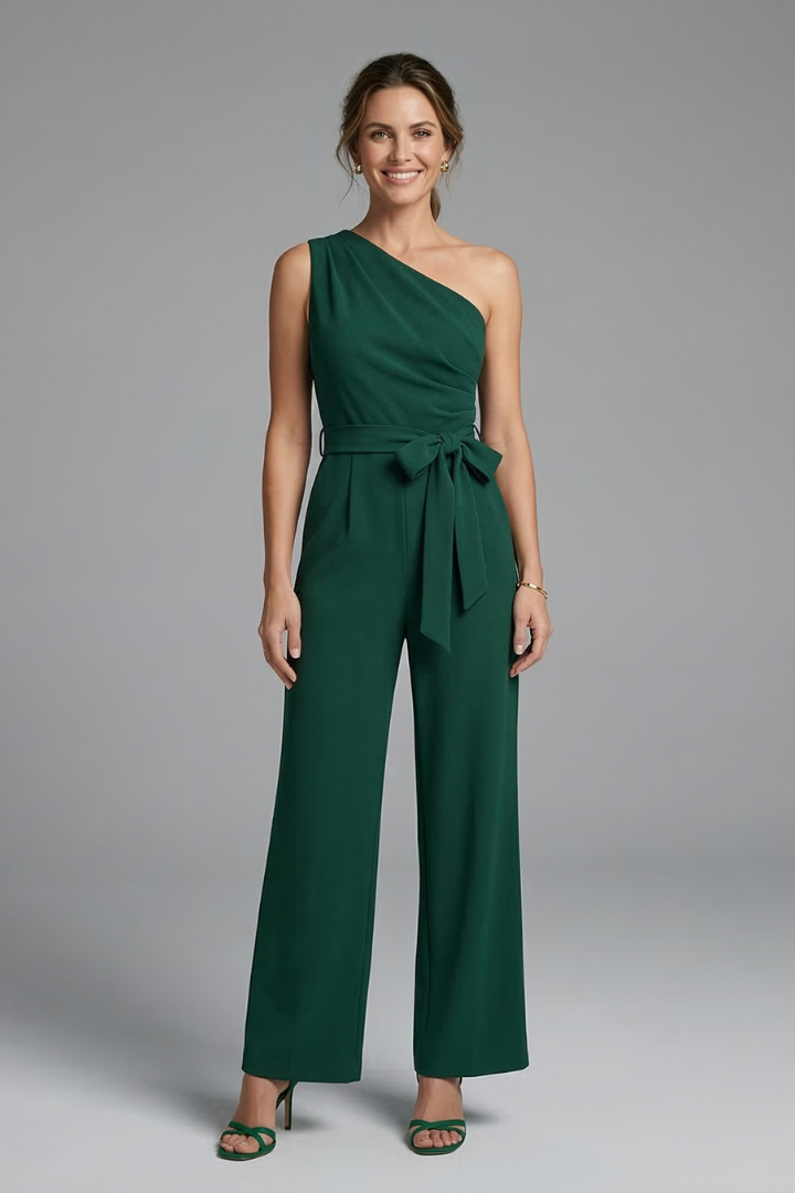 Euphemia — Asymmetric-Neck Belted Jumpsuit