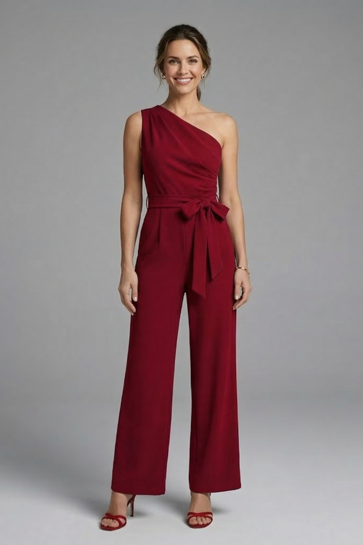 Euphemia — Asymmetric-Neck Belted Jumpsuit