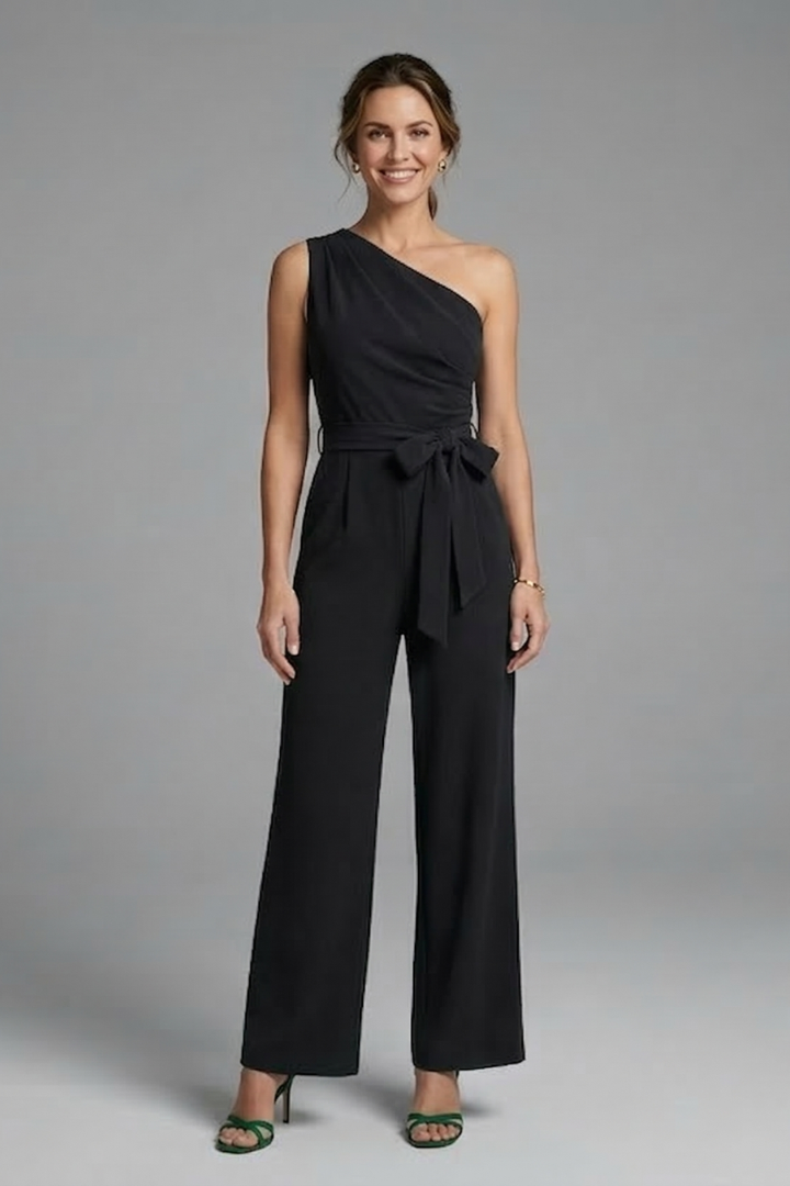 Euphemia — Asymmetric-Neck Belted Jumpsuit