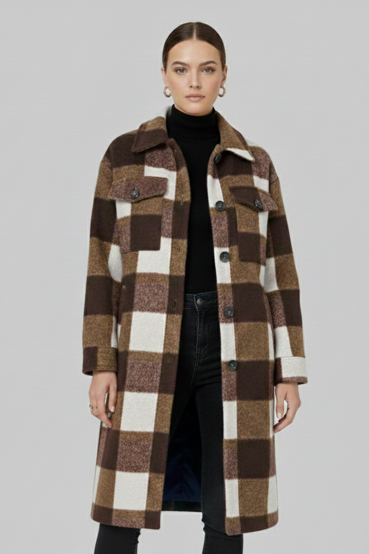Davina — Women’s Checked Button-Front Long Coat