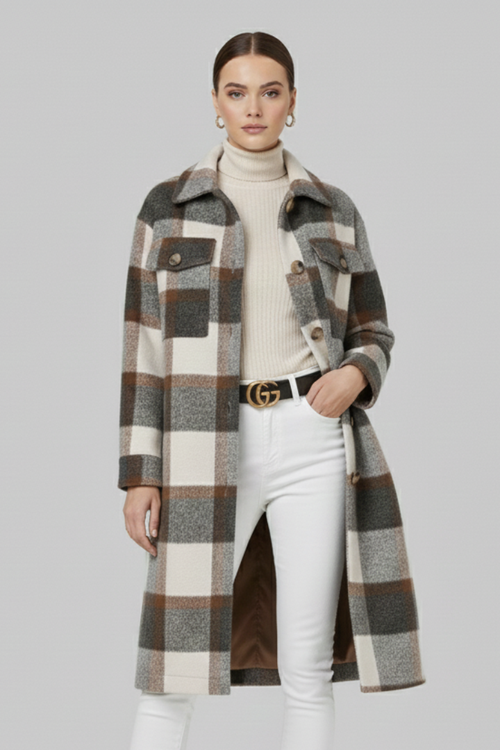Davina — Women’s Checked Button-Front Long Coat