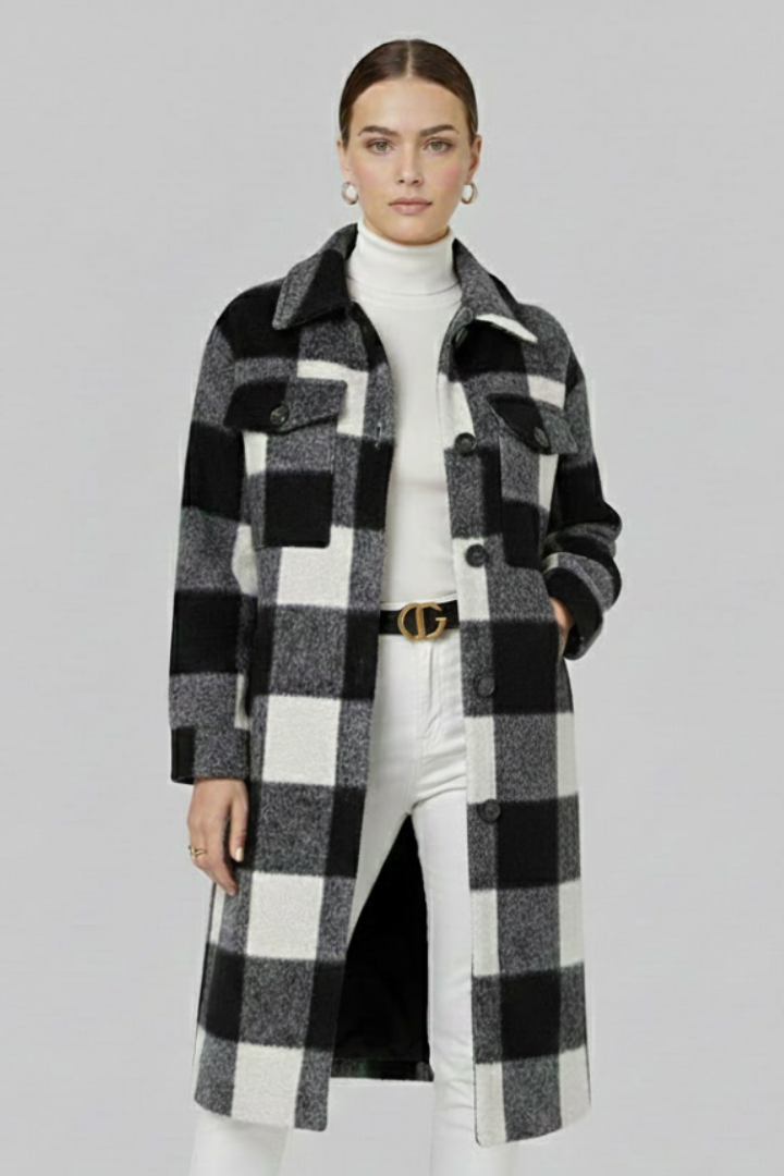 Davina — Women’s Checked Button-Front Long Coat