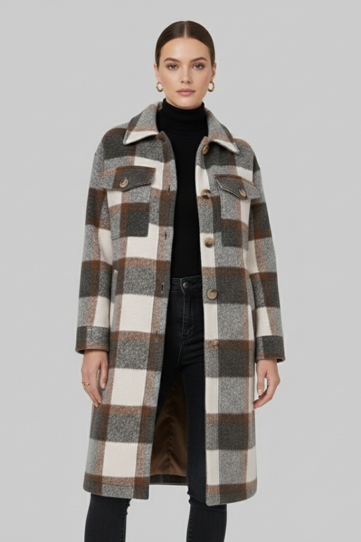 Davina — Women’s Checked Button-Front Long Coat