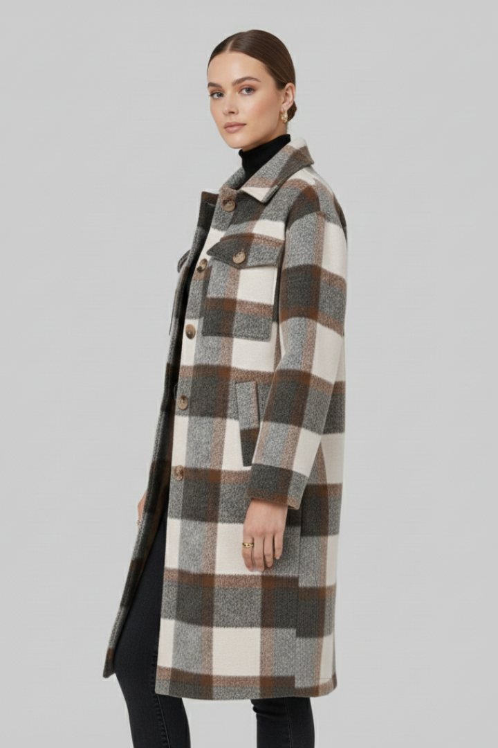 Davina — Women’s Checked Button-Front Long Coat