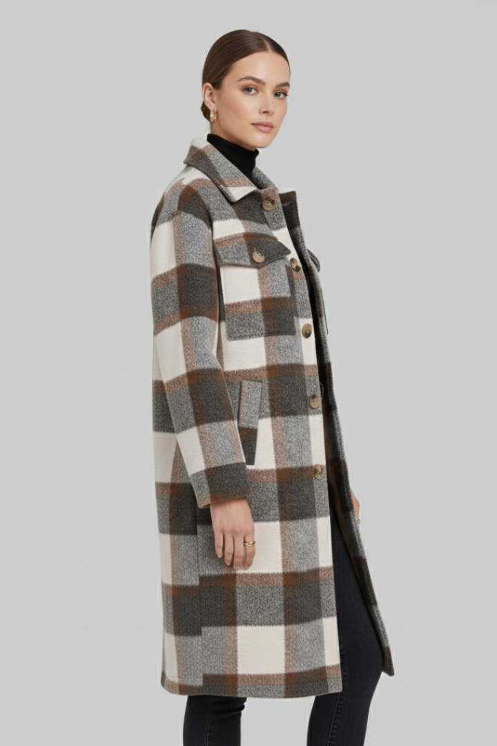 Davina — Women’s Checked Button-Front Long Coat