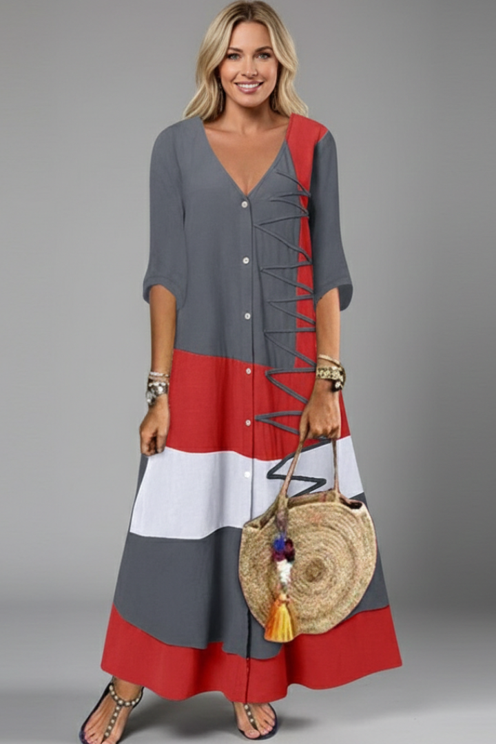 Hesper — Button-Front V-Neck Maxi Dress