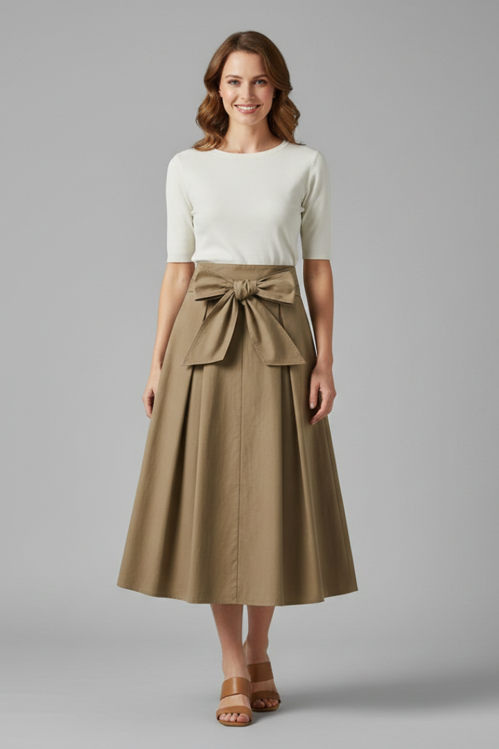 Beau Skirt — Bow-Back Pleated Midi Skirt