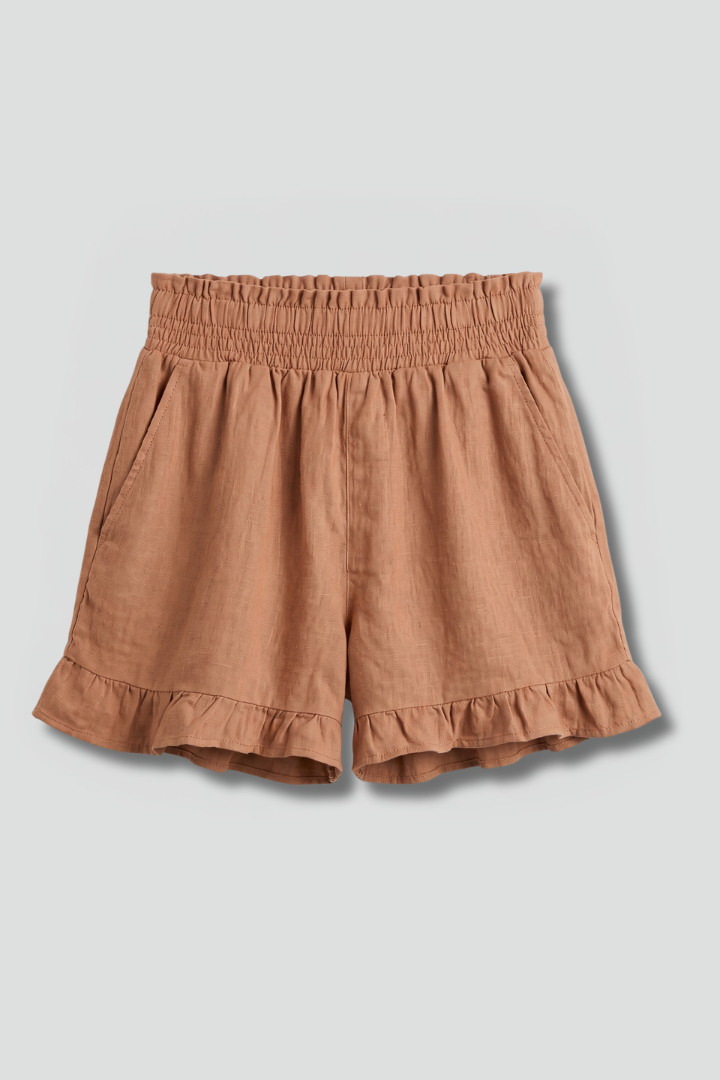 Bex — Smocked Ruffle-Hem Shorts