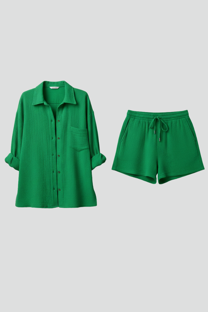 Brigitta — Button Shirt &amp; Drawstring Shorts Set