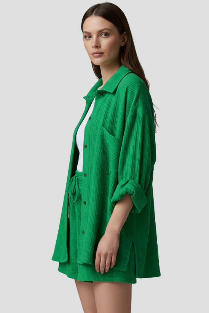 Brigitta — Button Shirt &amp; Drawstring Shorts Set