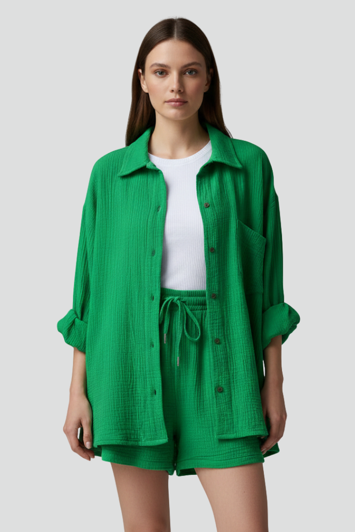 Brigitta — Button Shirt &amp; Drawstring Shorts Set