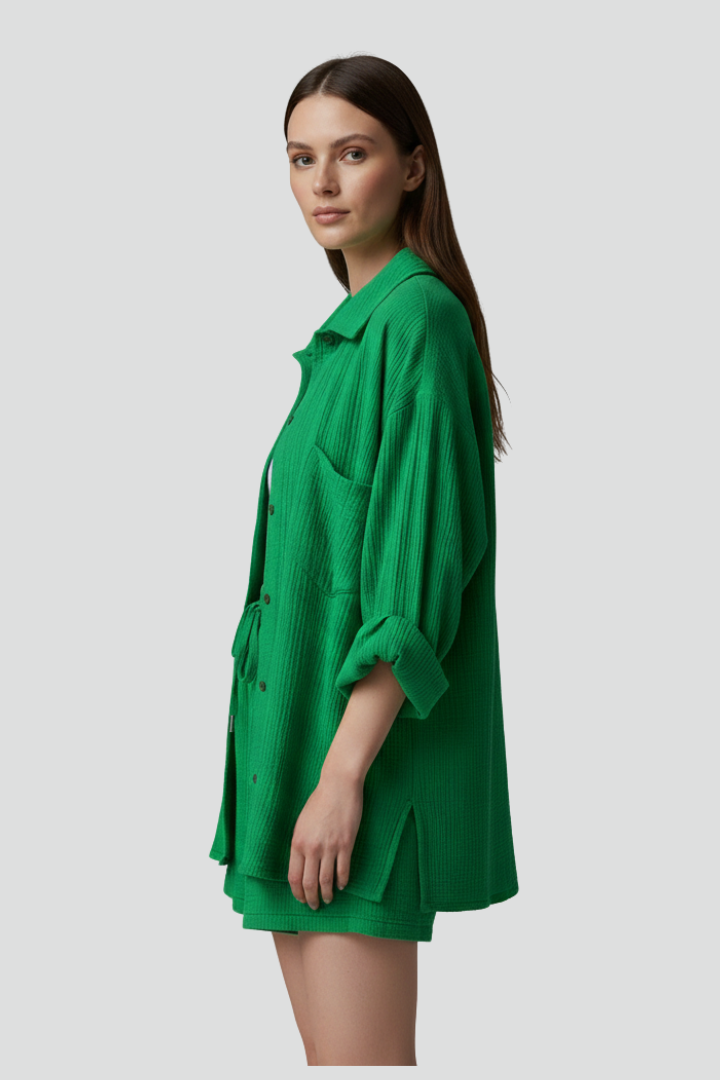 Brigitta — Button Shirt &amp; Drawstring Shorts Set