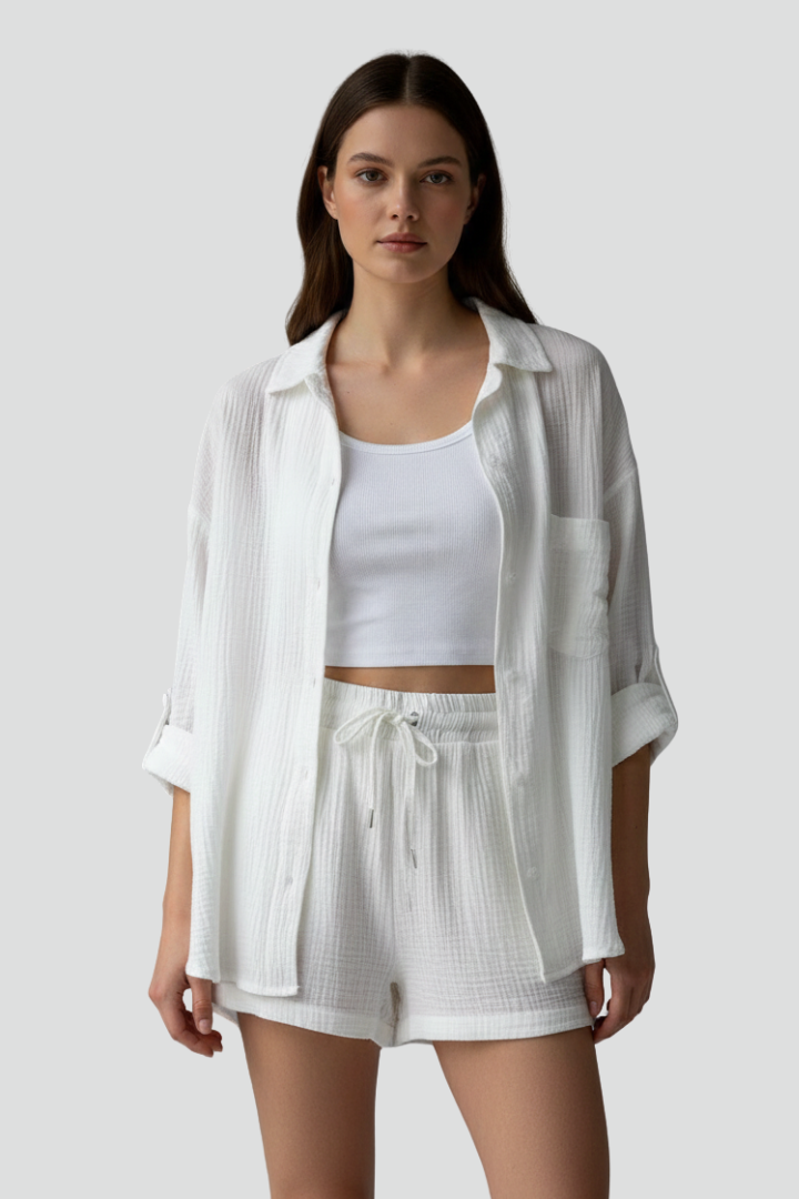 Brigitta — Button Shirt &amp; Drawstring Shorts Set