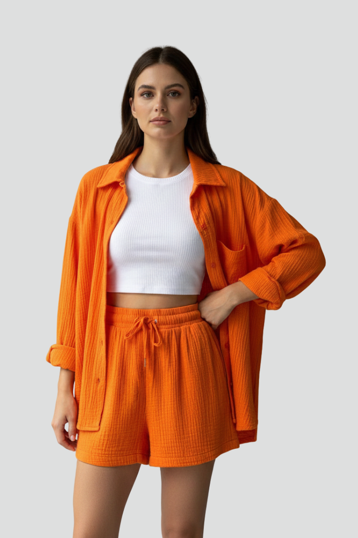 Brigitta — Button Shirt &amp; Drawstring Shorts Set