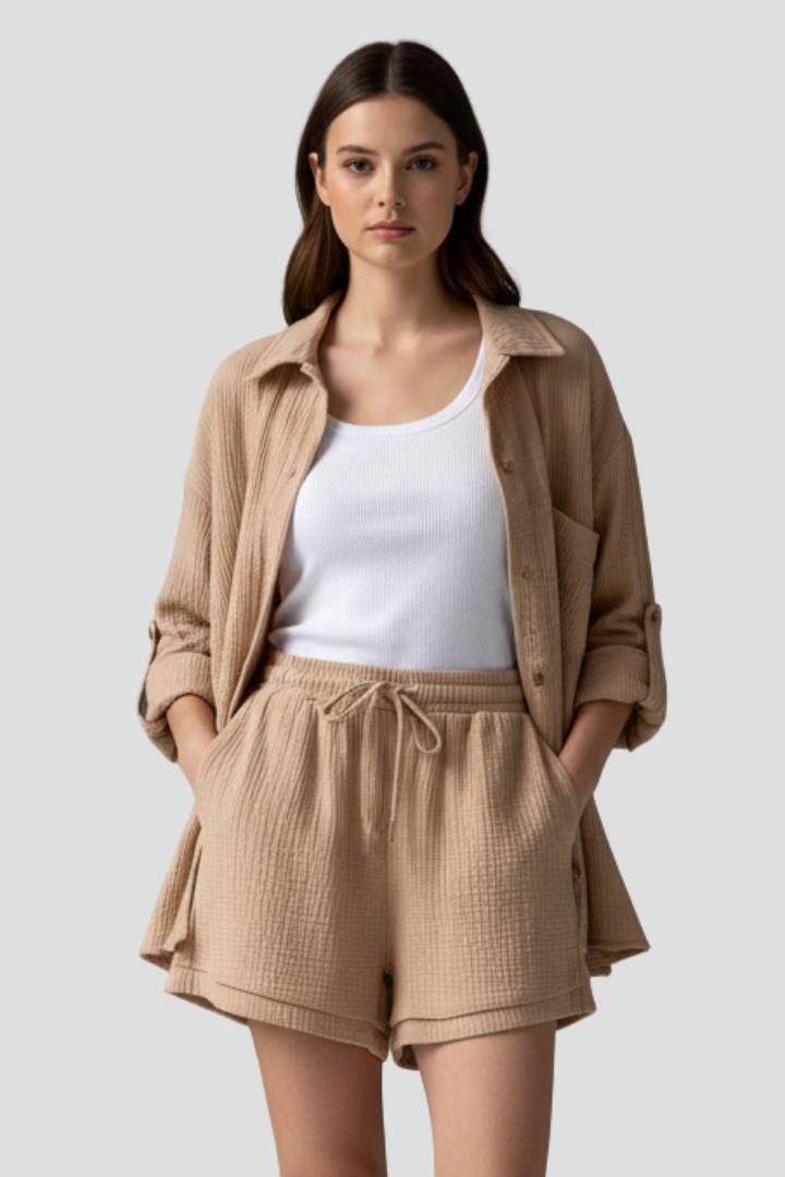 Brigitta — Button Shirt &amp; Drawstring Shorts Set