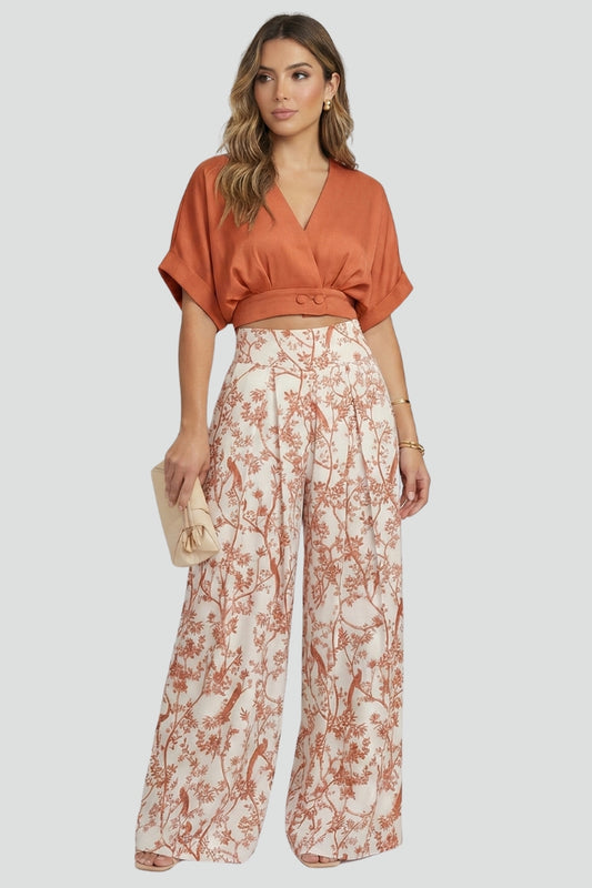 Zinnia — V-Neck Top &amp; Patterned Wide-Leg Set