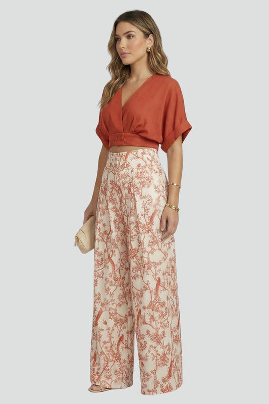 Zinnia — V-Neck Top &amp; Patterned Wide-Leg Set