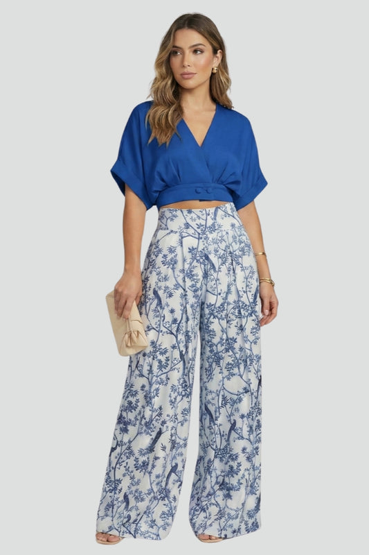 Zinnia — V-Neck Top &amp; Patterned Wide-Leg Set
