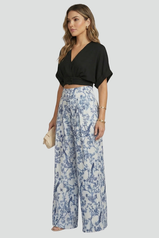 Zinnia — V-Neck Top &amp; Patterned Wide-Leg Set