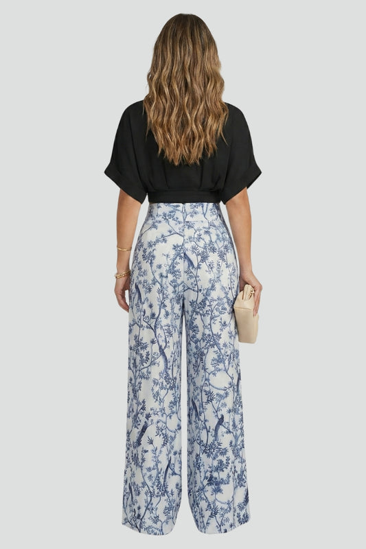 Zinnia — V-Neck Top &amp; Patterned Wide-Leg Set