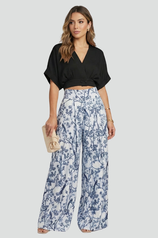 Zinnia — V-Neck Top &amp; Patterned Wide-Leg Set