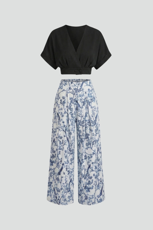 Zinnia — V-Neck Top &amp; Patterned Wide-Leg Set
