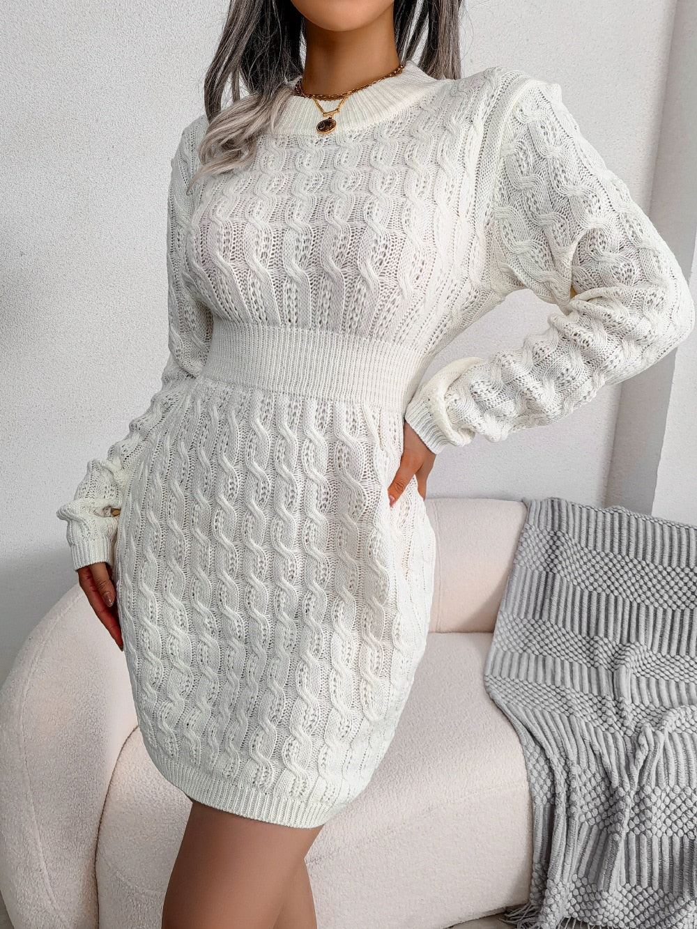 Elke — Women’s Cable-Knit Fitted-Waist Mini Dress