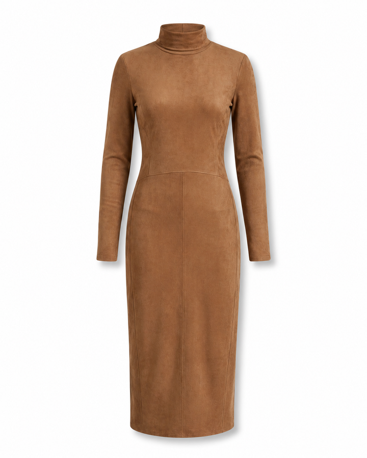 Lucinda — High-Neck Long-Sleeve Knit Midi Dress