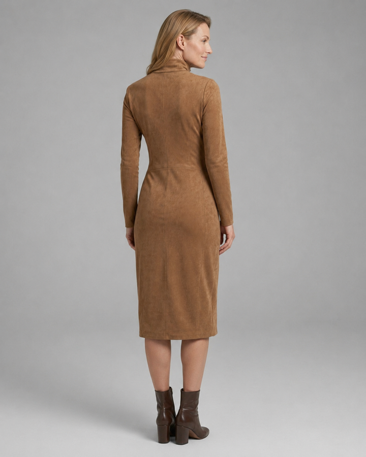 Lucinda — High-Neck Long-Sleeve Knit Midi Dress