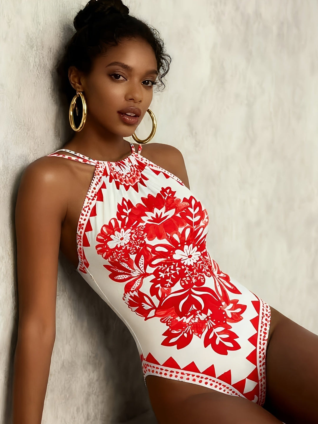 Vintage-Print High-Neck Swimsuit
