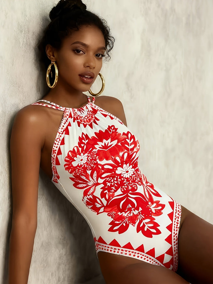 Vintage-Print High-Neck Swimsuit