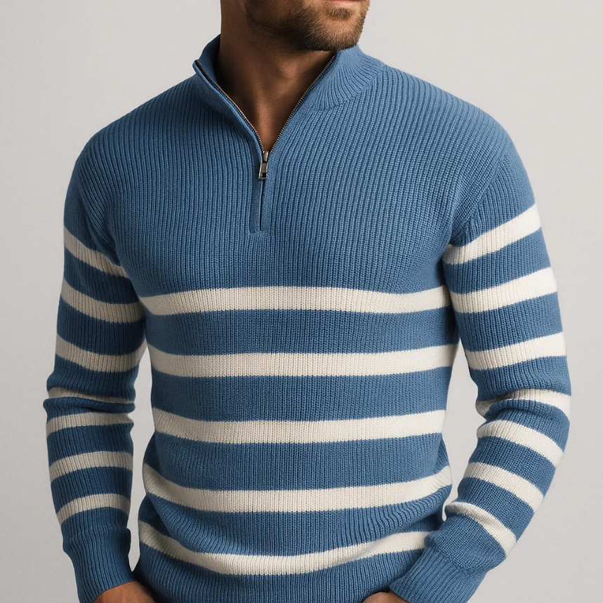 Saul — Striped Ribbed Zip Sweater