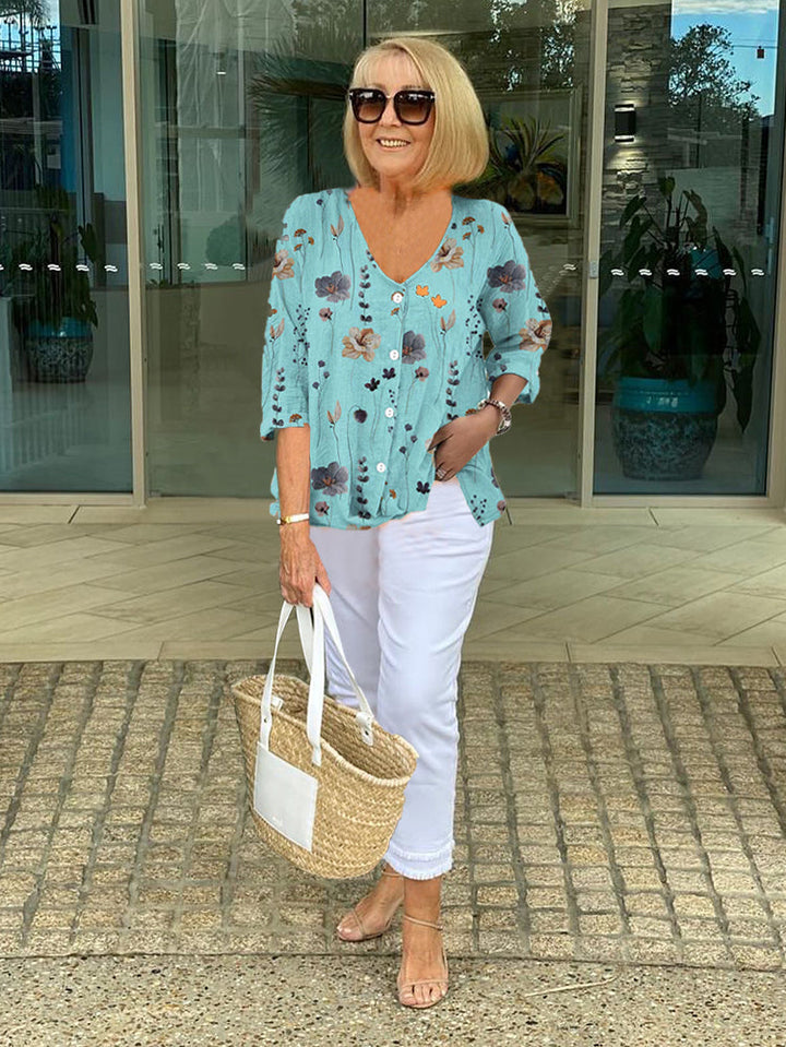 Marlene — Floral V-Neck 3/4-Sleeve Blouse