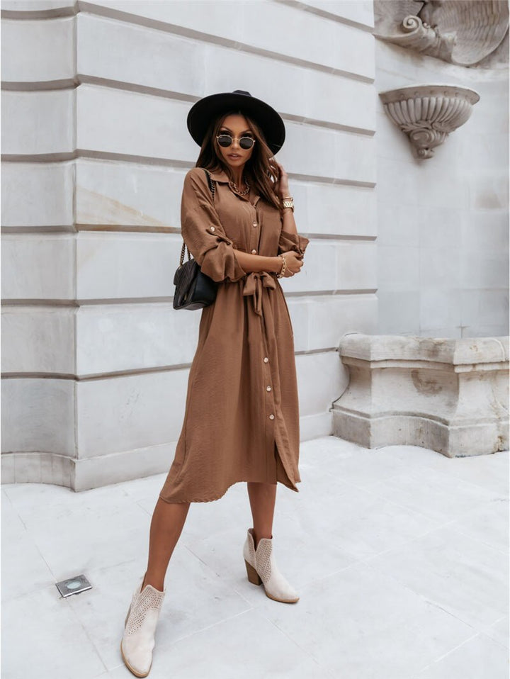 Mina — Brown Midi Shirt Dress